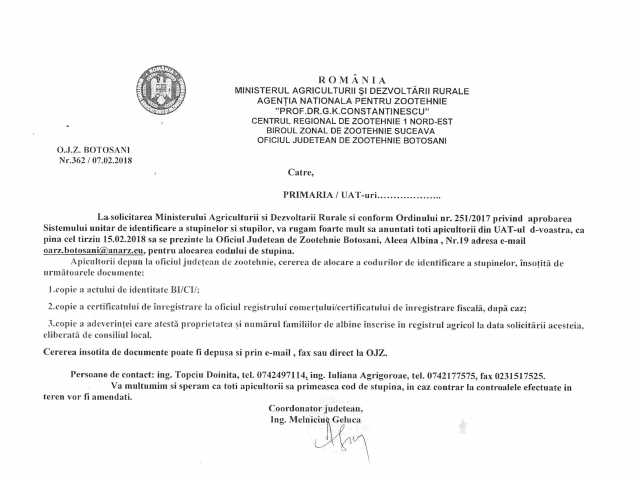 ANUNT - IN ATENTIA APICULTORILOR DE PE RAZA ORASULUI sTEFANESTI SI A LOCALITATILOR COMPONENTE