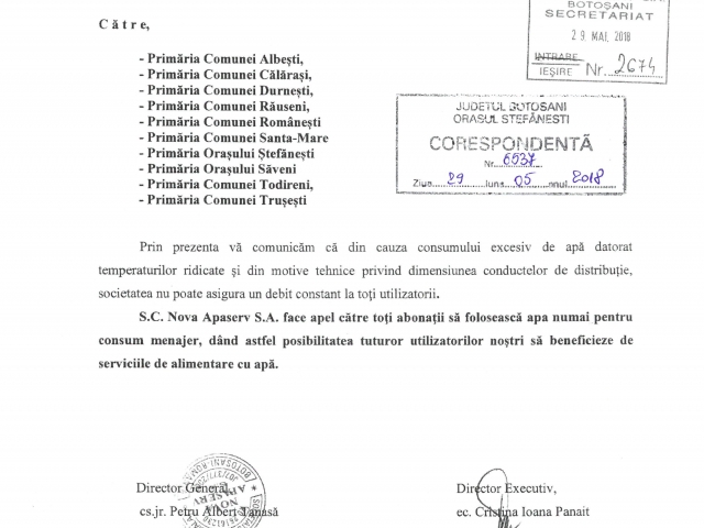ANUNT NOVA APASERV- IN ATENTIA UTILIZATORILOR - ALIMENTARE APA